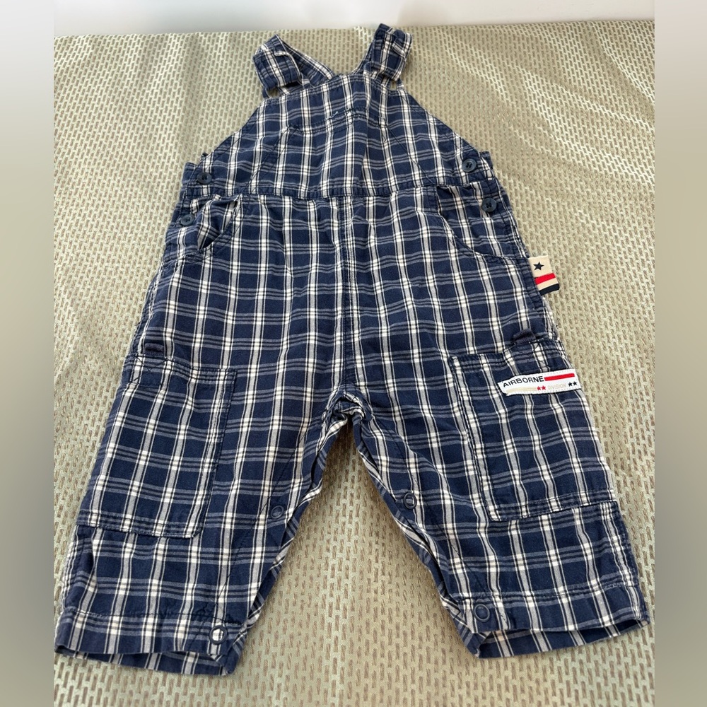 Vintage Laura Ashley Mother & Child Blue Plaid Baby Romper Overalls Airborne